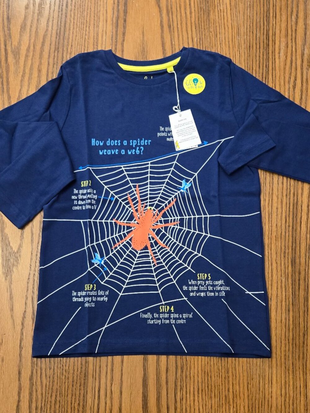 New Mini Boden Halloween spider web fact educational shirt. 9-10. Glows in Dark.